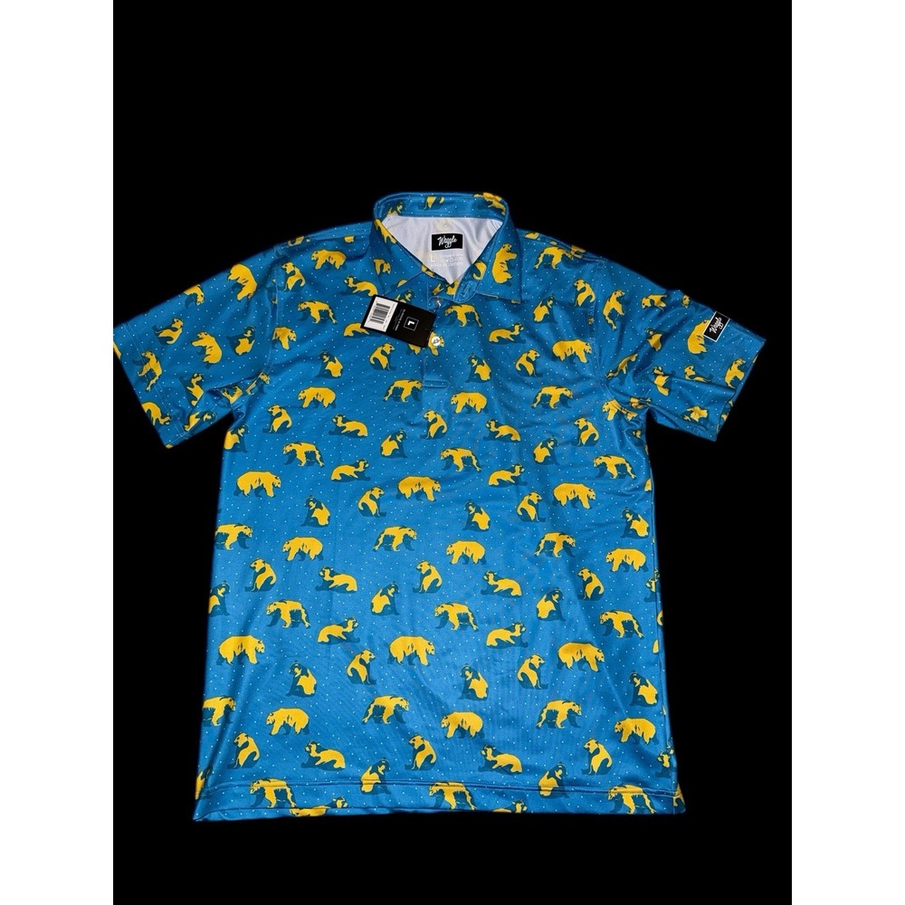 Waggle NWT Mens Blue Yellow Bears‎ Performance Short Sleeve Polo Golf Size L